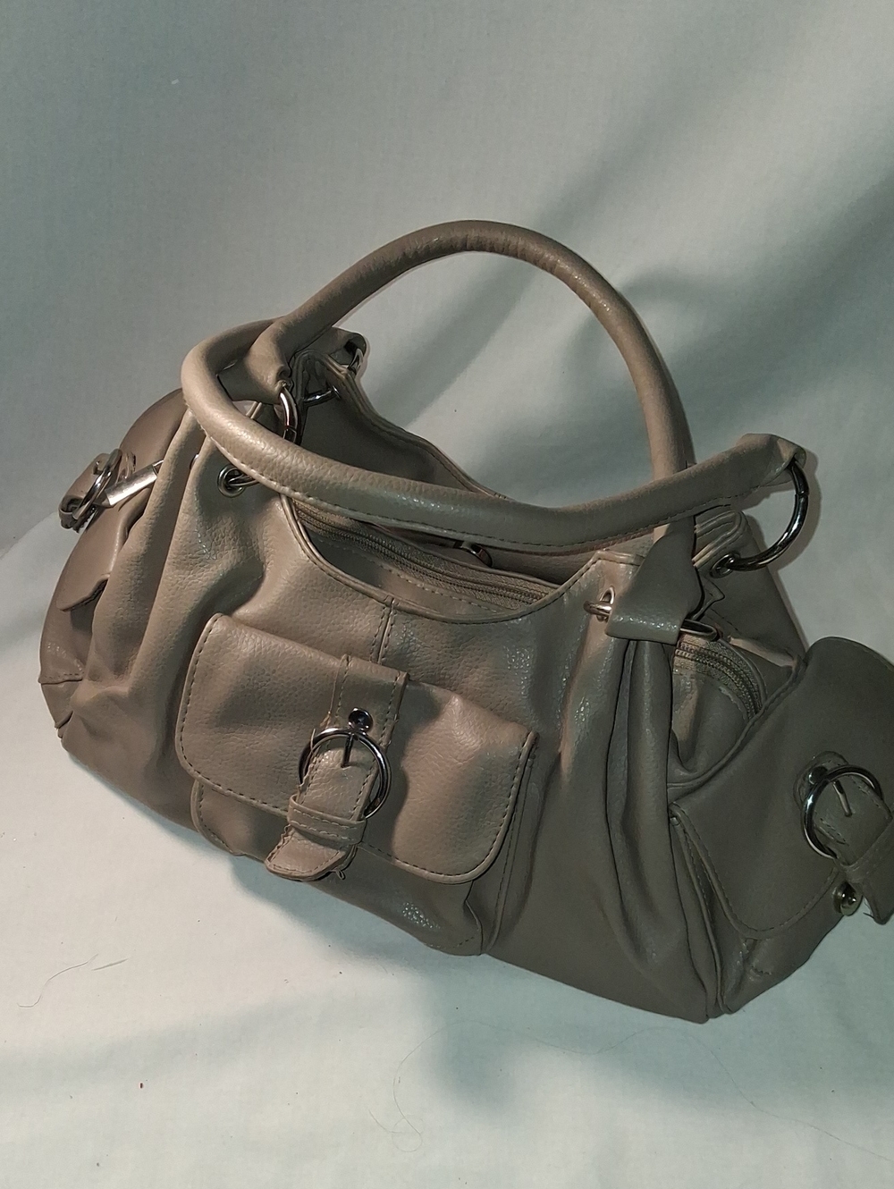 Women's Taupe Faux Leather Satchel Handbag Multiple Outside & Inside Pockets